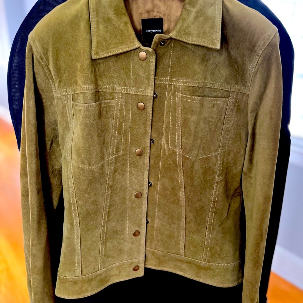 Pea green suede trucker jacket by anonymous. Size small.